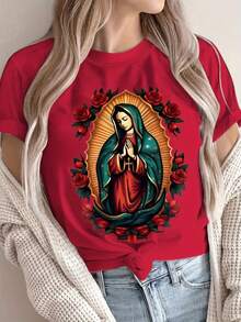 Short-Sleeved T-Shirt With Catholic Theme, Virgin Mary Of Guadalupe Print, Round Neck T-Shirt, Casual Summer T-Shirt With Dropped Shoulders, Women's Clothing, 100% Cotton. - 紅色 - 查看 1