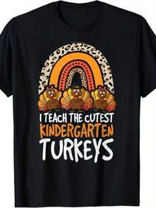 Funny Thanksgiving Teacher T-Shirt For Men - "I Teach The Cutest Turkeys" Kindergarten T-Shirt With Turkey And Rainbow Design, Casual Short Sleeve Crew Neck Tee For Educators, Machine Washable All Season Clothing With Playful Turkey Faces And School Symbol - 黑色 - 查看 11