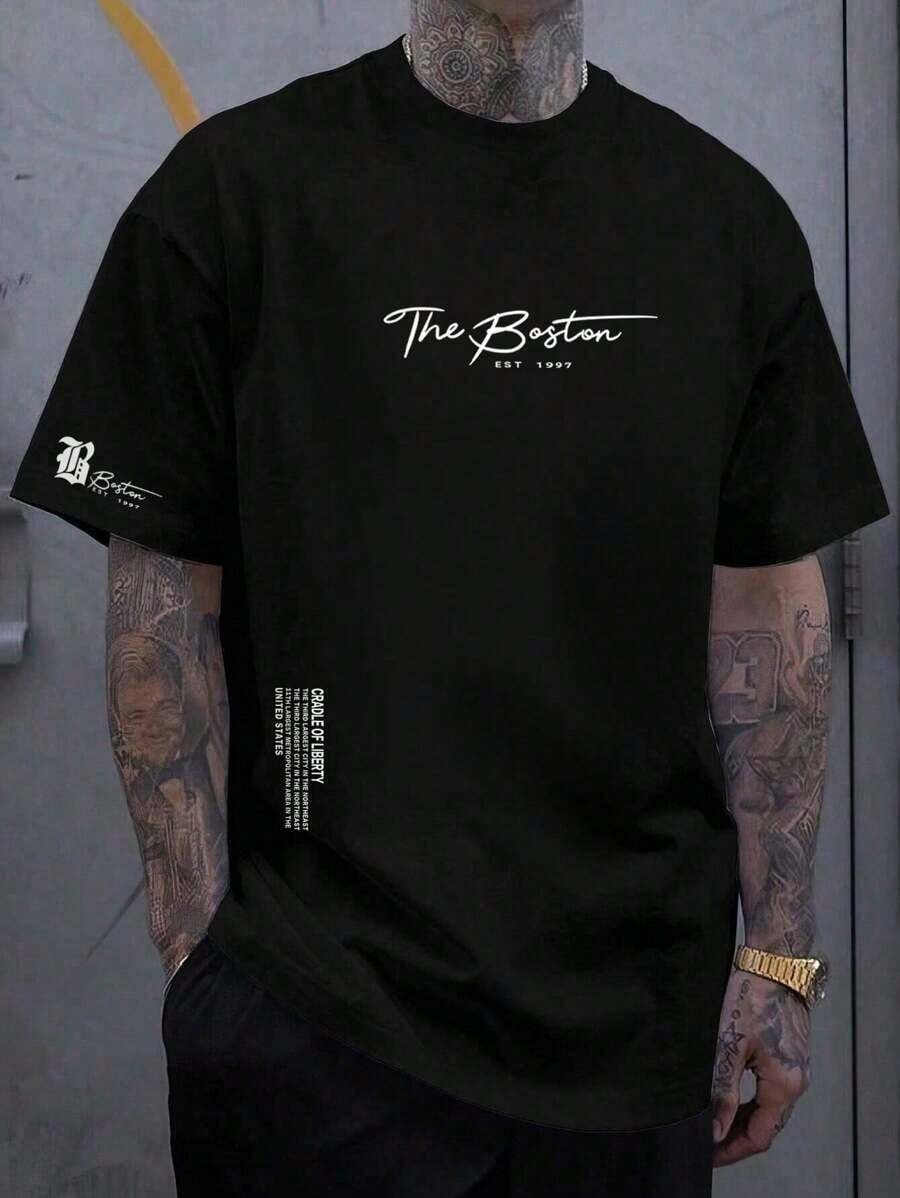 QDHI Men's Simple Graphic Print Crew Neck Short Sleeve T-Shirt - Black - View 1