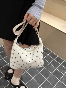 Bolso de hombro minimalista con estampado de corazones en todo el diseño - Beis - Ver 4