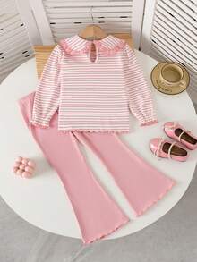 Young Girls Back To School Outfit Set: Striped Ruffle Peter Pan Collar Long Sleeve Top + Bow Decor Solid Color Split Flare Pants - Pink - View 4