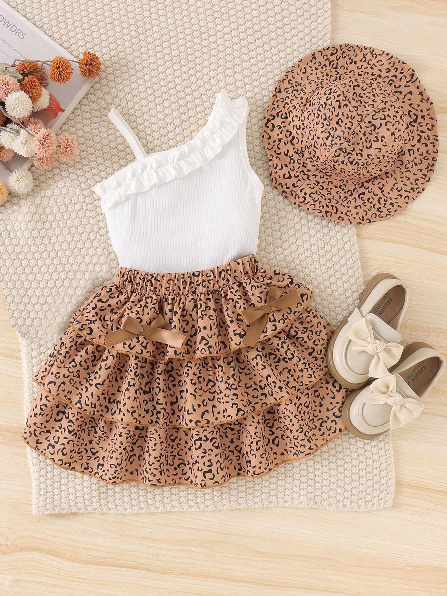 2pcs Young Girls Elegant Ruffle Beaded Spaghetti Strap Sleeveless Bow Tie Leopard Print Cake Skirt With Matching Bucket Hat Set, Suitable For Party & Summer - White - View 1