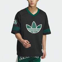 ADIDAS ORIGINALS Men Women Unisex Oversized Mesh Jersey T-Shirt, V-Neck Short Sleeve Tee With Big Trefoil Logo, Number & 3-Stripes Detail For Casual Streetwear And Sports Style - 黑色 - 查看 2