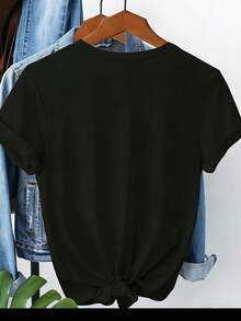 Women's Summer T-Shirt, 100% High Quality, Plus Size, With "I'm Fine" Slogan And Cat Print, Round Neck, Short Sleeves, Elegant And Casual, Ideal For Home. - 黑色 - 查看 2