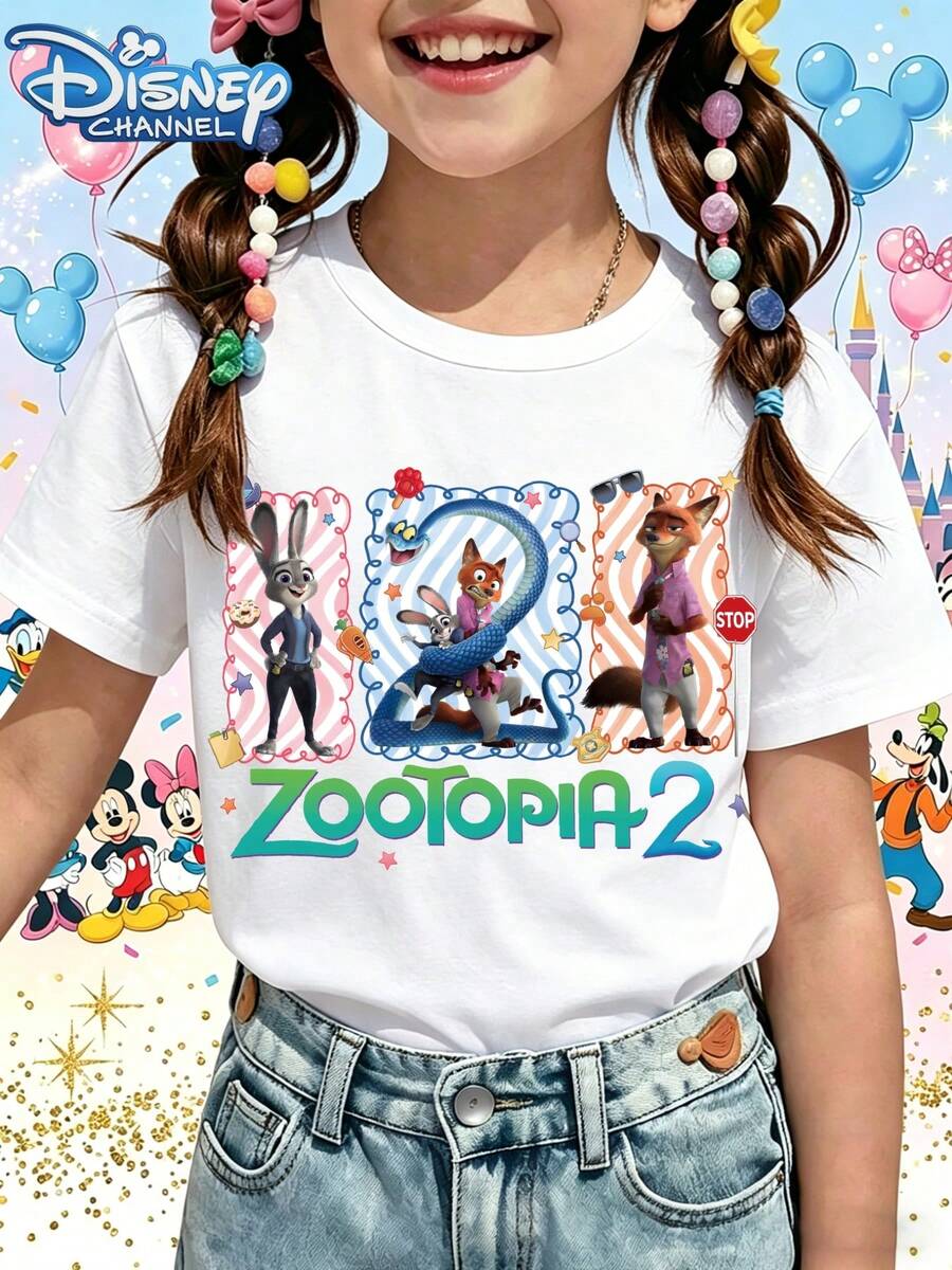 Disney T-Shirt Short Sleeves Are Made Of 100% Pure Cotton FabricDisney Channel Kids T Shirt White Zootopia 2 Movie Characters And Text Print For Casual Wear And PartiesA Gift Suitable For Girls - 白色 - 查看 1