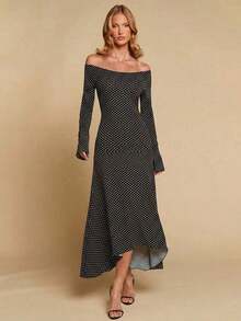 Vestido de mujer de cuello en V elegante, de manga larga, de unicolor, con dobladillo irregular, versátil para ir al trabajo, la oficina, salir, fiestas, bodas y la playa - Albaricoque - Ver 7