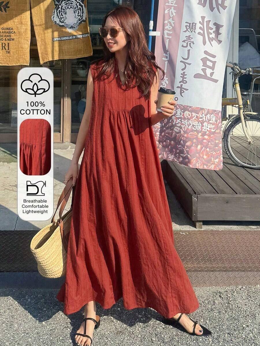 Vestido sin mangas con cuello entallado de unicolor para mujer - Rojo - Ver 1