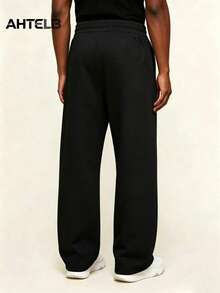 AHTELB Pantalones rectos de pierna ancha con cintura elástica y cordón, pantalones deportivos de unicolor cómodos y versátiles de moda - Negro - Ver 2