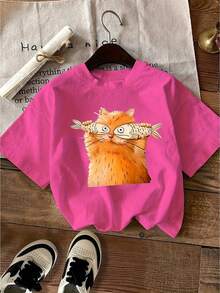 Women's Casual Summer T-Shirt With Small Orange Cat Fishing Print, Fashionable Short Sleeve, Casual Round Neck, Women's Clothing - 綠色 - 查看 8