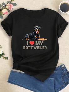 Women's T-Shirt With "I MY Rottweiler" Print, Short Sleeve, Round Neck, Casual Spring/Summer Top, Women's Clothing. - 黑色 - 查看 1