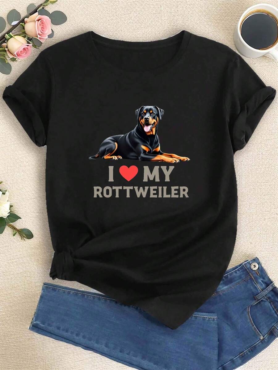 Women's T-Shirt With "I MY Rottweiler" Print, Short Sleeve, Round Neck, Casual Spring/Summer Top, Women's Clothing. - 黑色 - 查看 1