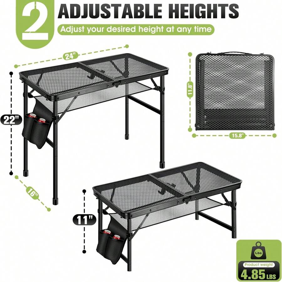 Upgraded Folding Grill Table - Sturdy Metal Portable Camping Table, 2 Adjustable Heights Up To 22 Inches, Lightweight Foldable Design Perfect For Outdoor BBQ, Camping, 24"X15.8" - 24"x15.8"x22" - View 1