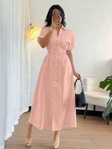 Vestido camisero casual de mujer con botones delanteros, mangas raglán y cintura ajustada - Rosa - Ver 1