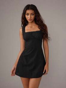 Vestido entallado de línea A con adornos de encaje floral para primavera/verano - Negro - Ver 3