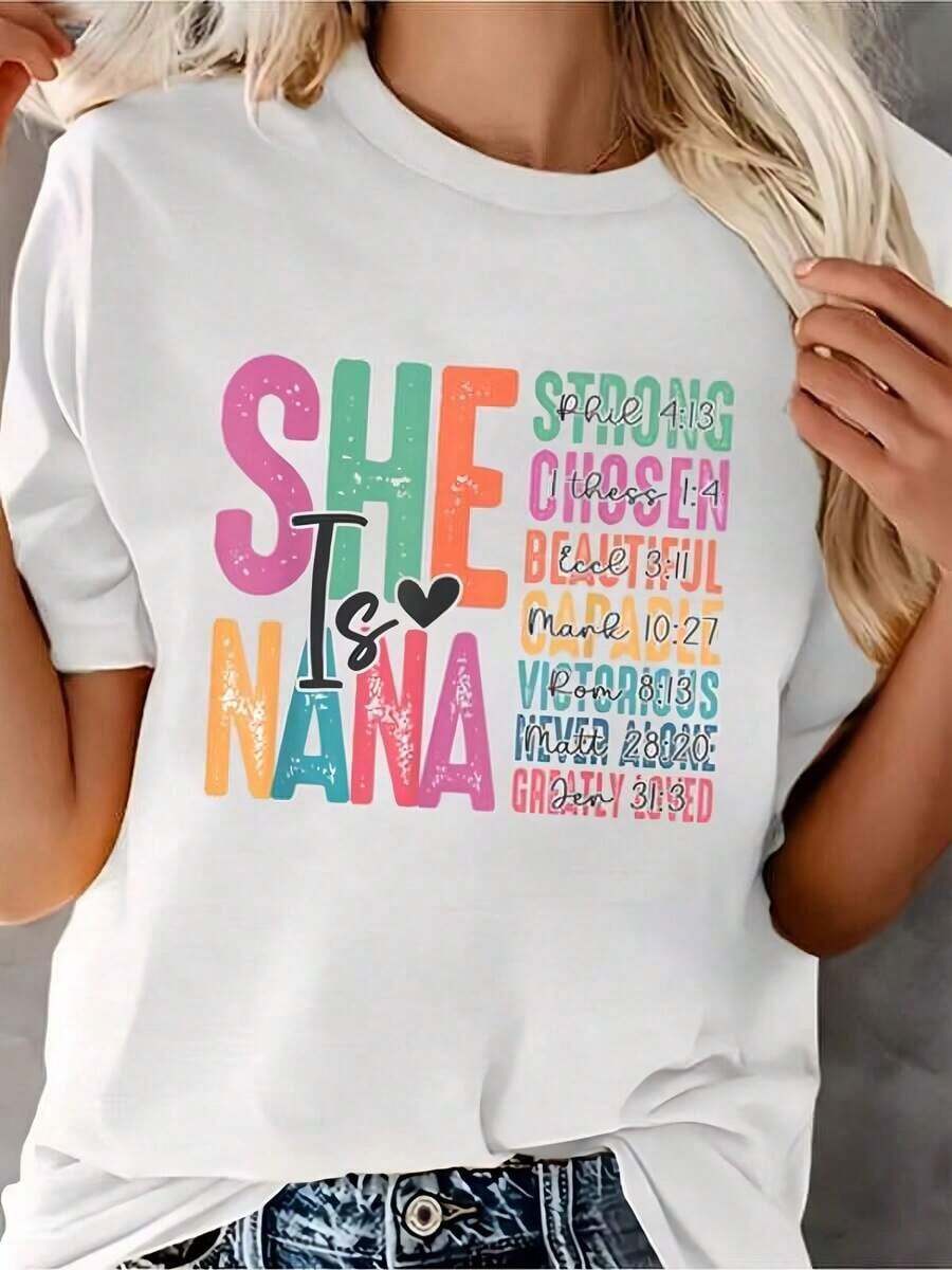 1 Piece Nana Strong Women's White Printed T-Shirt, Round Neck, Casual Cotton T-Shirt, Medium Elasticity Knit Fabric, Regular Fit For Ladies, For Spring/Summer/Autumn, 180g 100% Cotton - 白色 - 查看 1