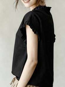 Women's New Ruffle Collar & Sleeve Design Solid Color Casual Top, Elegant And Versatile For Summer, Suitable For Work, Home And Office Black - View 2