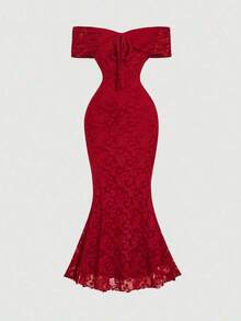 xheSHEIN MOD Elegante vestido de fiesta de cola de sirena en color burdeos con textura y hombros descubiertosxhe - Rojo - Ver 6