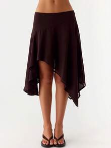 Asymmetrical Chiffon Midi Skirts, Floral/Animal Print Flowy Handkerchief Hem Skirts, Casual Summer Beach Cover Up - màu nâu cà phê - Xem 1