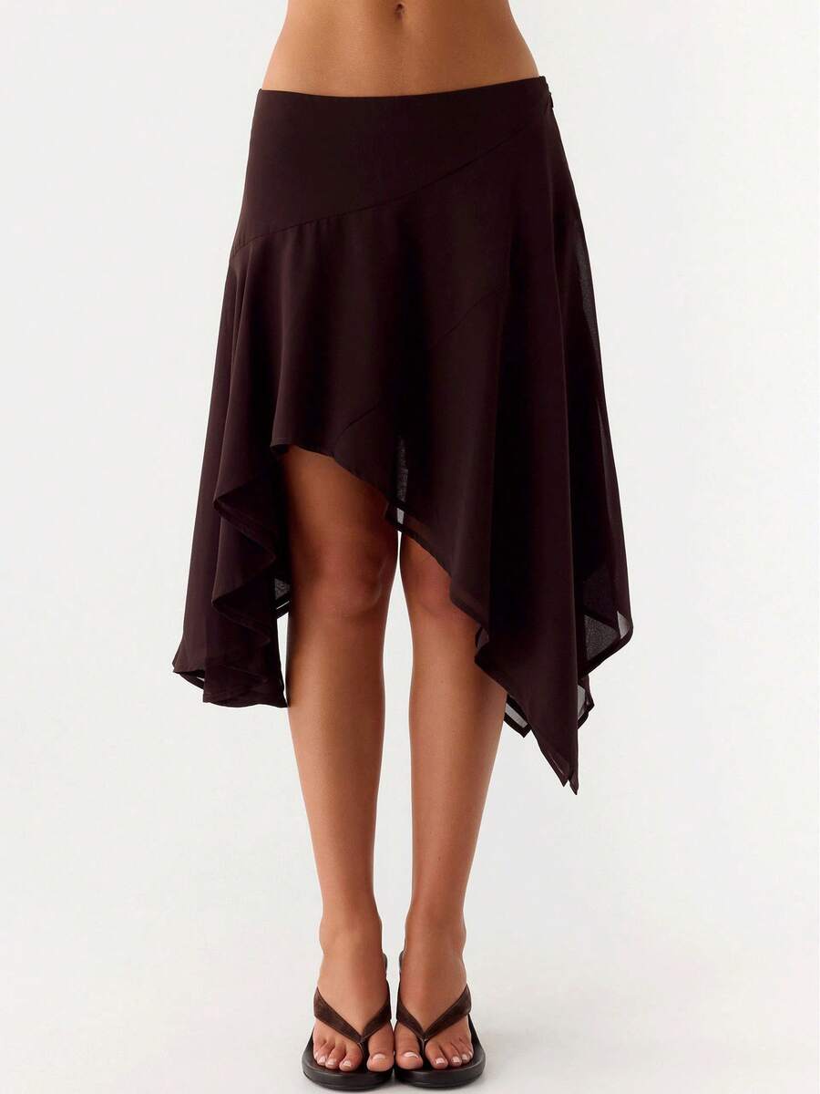Asymmetrical Chiffon Midi Skirts, Floral/Animal Print Flowy Handkerchief Hem Skirts, Casual Summer Beach Cover Up - màu nâu cà phê - Xem 1