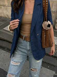 AYYPariaura Chaqueta casual de mujer de manga corta color marrón, con botones metálicos, bolsillo falso, de tela de algodón y lino, para uso diario y vacaciones, modelo 2026 de nueva llegadaAYY - Azul marino - Ver 5