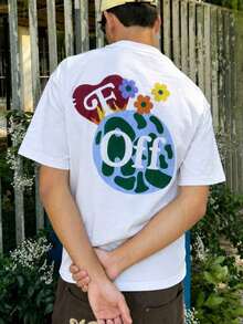Fractyr Men's Oversized T-Shirt With "Off" Globe And "Sorry We're Closed" Print On The Front And Back, Soft Touch, White, Urban Casual Style, With Retro Floral And Heart Graphics - 白色 - 查看 6