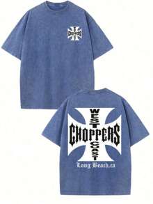 WEST COAST CHOPPERS Men's Retro Streetwear T-Shirt - 230g Washed Cotton, Double-Sided Print, Loose-Fitting Drop With A California Long Beach Graphic - 藍色 - 查看 14