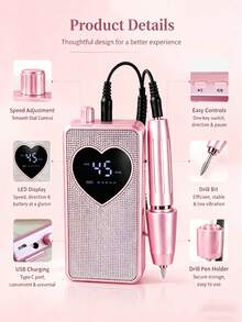 LIMEGIRL BM-607 Sparkling Rhinestone Nail Drill, 45000RPM Rechargeable Electric Nail File, With Heart-Shaped LCD Display, Rose Gold Portable Women's Nail Machine - Rose Gold - View 1