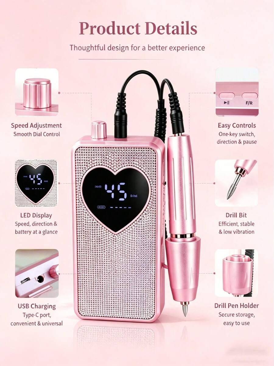 LIMEGIRL BM-607 Sparkling Rhinestone Nail Drill, 45000RPM Rechargeable Electric Nail File, With Heart-Shaped LCD Display, Rose Gold Portable Women's Nail Machine - Rose Gold - View 1