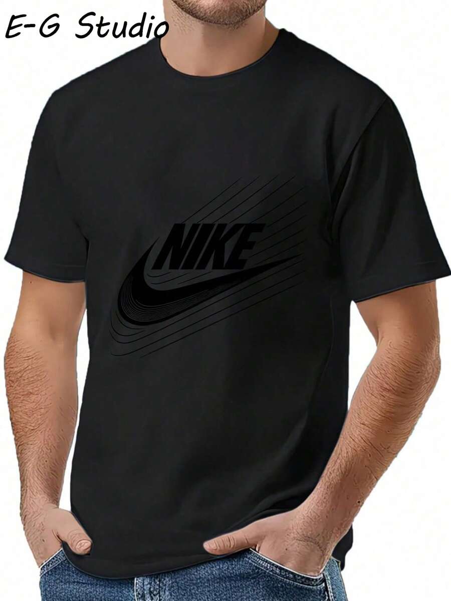 Men's Summer Leisure Style - Inspirational Slogan - Pattern Printed Round Neck Short Sleeve, Cotton Top, One Piece Leisure T-Shirt Pullover, 180g Pure Cotton Fabric T-Shirt, Soft And Breathable, Machine Washable, 100% Pure Cotton Fabric, Local Warehouse, Versatile Leisure, Suitable For Men's Daily, Party, Outdoor, And Travel Wear In Summer - 黑色 - 查看 1