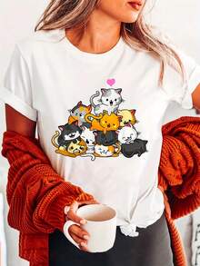 Camiseta con Estampado de Gato 2026, Cuello Redondo, Manga Corta, Casual, Primavera/Verano, Ropa de Mujer - Blanco - Ver 1