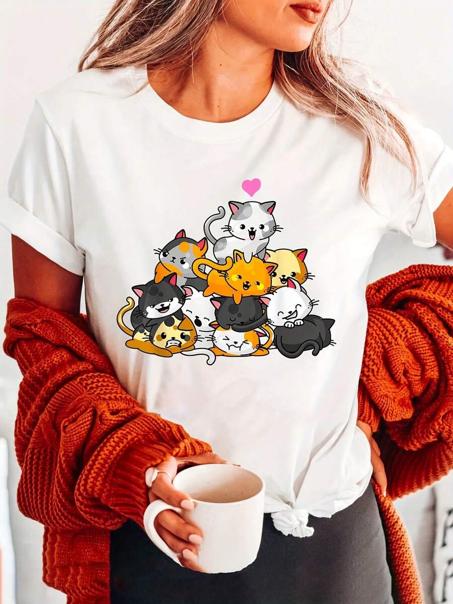 Camiseta con Estampado de Gato 2026, Cuello Redondo, Manga Corta, Casual, Primavera/Verano, Ropa de Mujer - Blanco - Ver 1