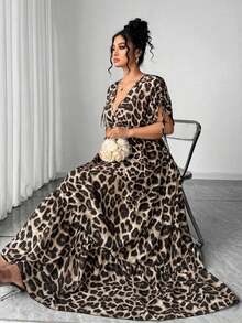 Vestido maxi elegante de talla grande para mujer con cuello en V, estampado de leopardo, manga corta fruncida y falda acampanada - Marrón - Ver 8