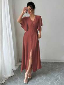 Vestido midi con cuello en V, cintura ceñida, línea A, adornado con botones en el bajo, abertura, mangas abullonadas, en base color albaricoque con grandes lunares marrón oscuro, elegante y vintage francés, apropiado para oficina, paseo, playa, fiesta, hogar, cómodo, estilo bohemio, primavera/verano - Óxido marrón - Ver 7