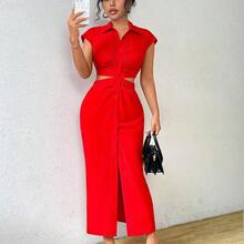 Fengyu Women's Clothing Store  Vestido largo sencillo y casual de unicolor con botones al frente y mangas cortas para mujer - Rosa Fucsia - Ver 5