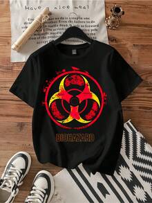 Red Biohazard Symbol Tee.Vintage Graphic Print Casual Cotton Short Sleeve T-Shirt - Black - View 1
