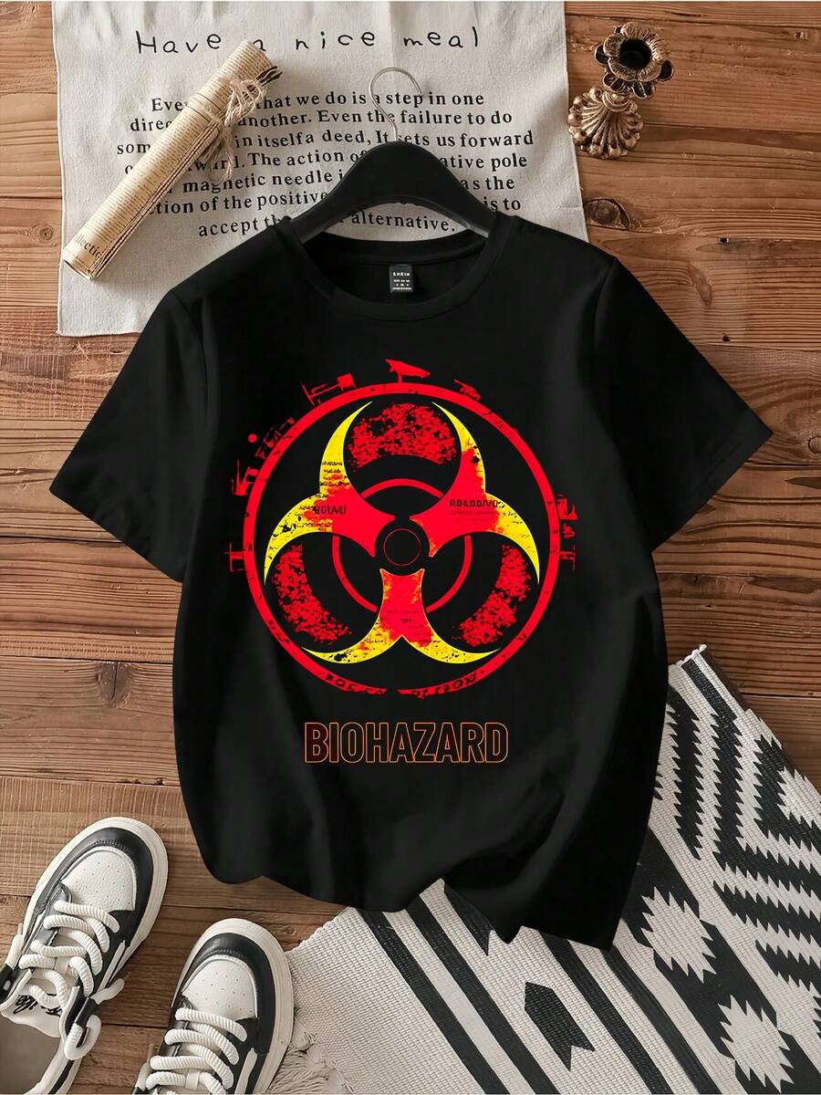 Red Biohazard Symbol Tee.Vintage Graphic Print Casual Cotton Short Sleeve T-Shirt - Black - View 1