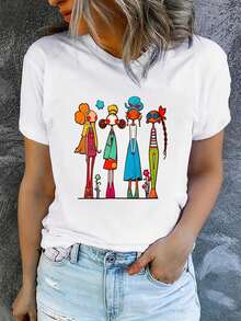 1 Piece Of Women's Summer T-Shirt, Short Sleeve And Printed, Modern And Casual, Machine Washable, Comfortable Fit, 2D Flat Print, 180g, 100% Cotton. - 白色_09 - 查看 11