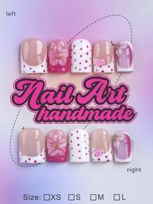 10片方形手工美甲贴片，Y2K 酷炫风格，裸色和白色法式贴片，花卉和蛇纹图案，适合女性和女孩，包含工具，是送给女士的绝佳礼物，美甲用品，手工按压式美甲贴片 - 玫紅色 - 查看 1