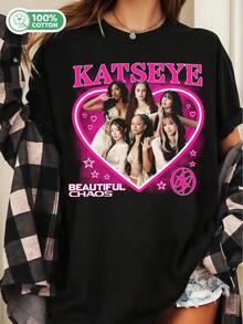 KATSEYES Beautiful Chaos Pink Heart Y2K Style Cotton T-Shirt K-Pop Fan Tee - Black - View 6