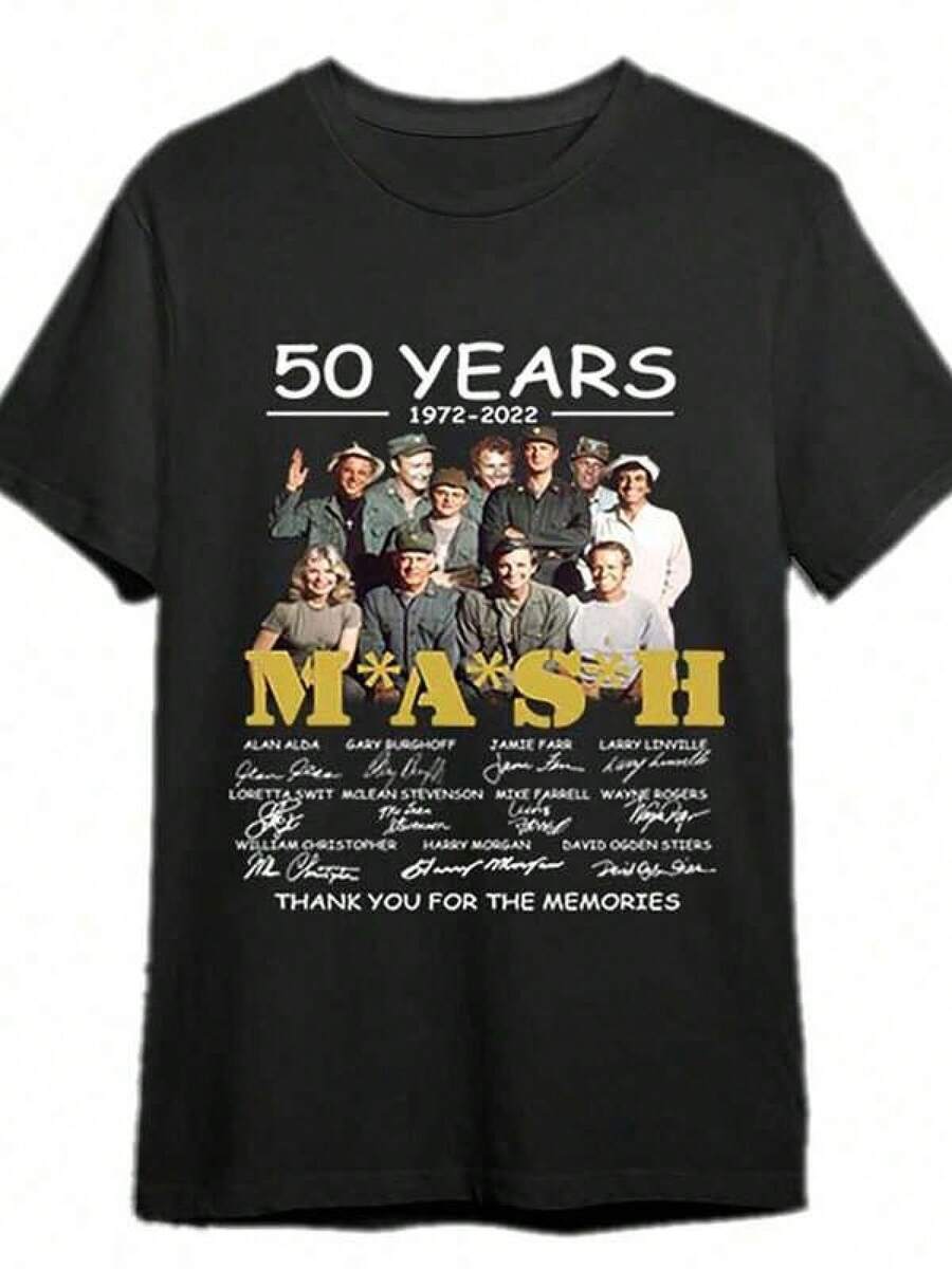 Men's MASH 50th Anniversary Signature T-Shirt 1972-2022 - Thank You, Memories, Vintage Graphic Tee With Original Cast Design, Ultra-Soft & Breathable Cotton, Regular Fit Short Sleeve Crew Neck, Machine Washable, Summer Casual Wear - 黑色 - 查看 1