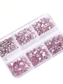 Nuevo set de decoración de uñas con 6 compartimentos que incluye cristales de Rhinestone planos y diamantes redondos - Rosa Pálido - Ver 9