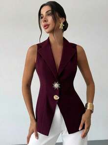 AYYFirerie Chaleco delgado de color púrpura salsa sin mangas con hebilla de metal en la cintura, elegante y sencillo, para uso diario, casual, de oficina, para graduación, maestros, vuelta al colegio, otoño, estilo antiguo, moda de verano y primaveraAYY - Rojo violeta - Ver 5