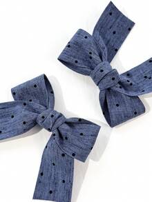 2pcs Women's Solid Color Denim Cute Bow Hair Clips, Suitable For Daily Wear,Hair Barrettes - Dark Blue Polka Dots - View 4