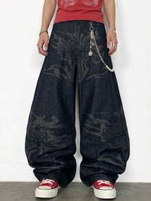 1pc Men's Retro Oversized Wide Leg Jeans, Gothic Style Graphic Print Casual Denim Pants - Black - View 3