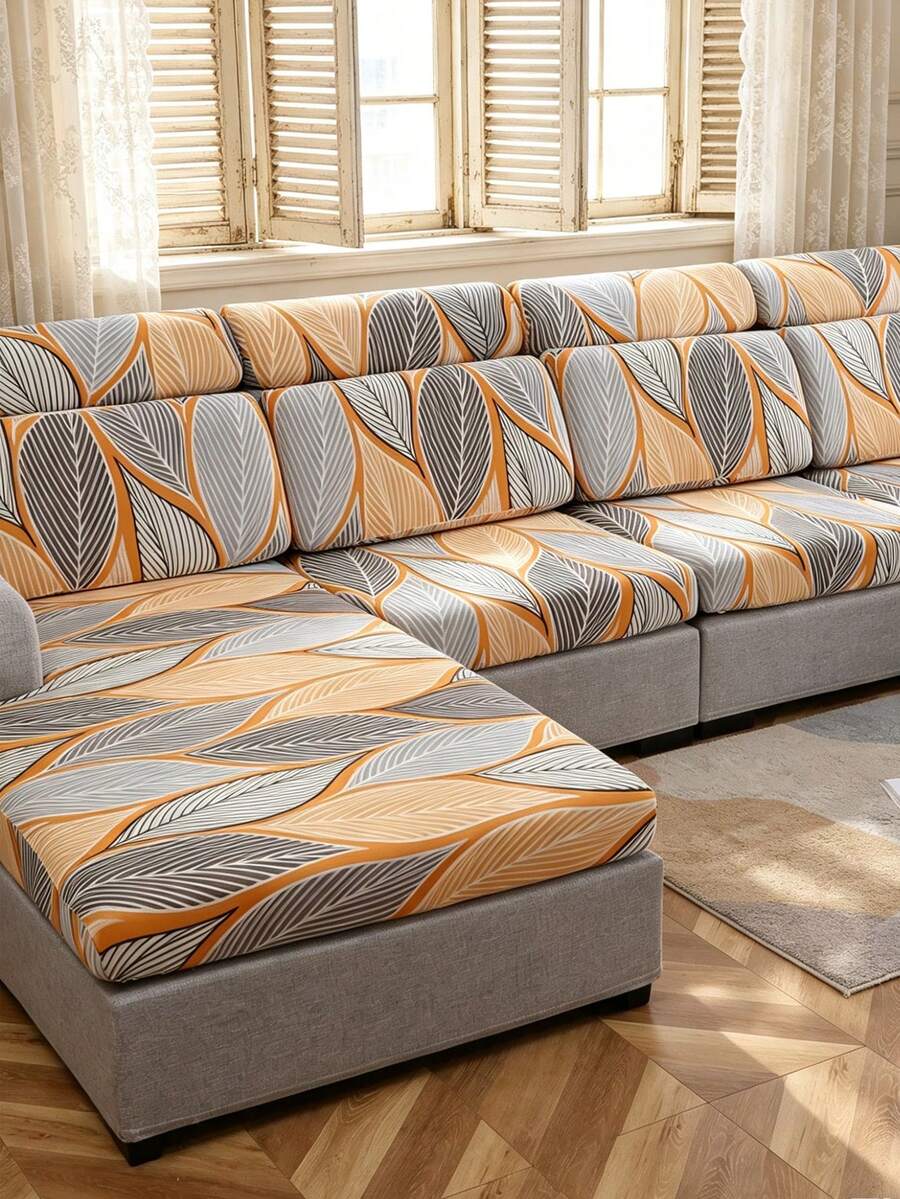 1pc Printed Stretch Sofa Seat Cushion Cover, L-Shaped Sofa Cover, Separate Sofa Backrest Cover, Furniture Protector, Elastic Sofa Cushion Cover, Multiple Sizes Available, Reusable - Orange - View 1