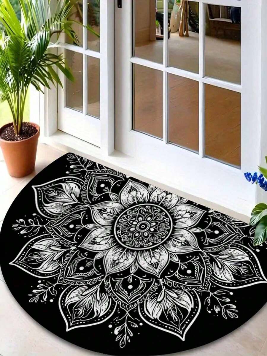 1pc Semi-Circular Floor Mat With Mandala Pattern – Easy-To-Clean Black And White Entryway Mat Suitable For Front Doors, Kitchens, Gardens, And Patios - A - View 1