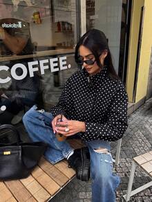 Blogger New Autumn Women Polka Dot Print Drawstring Dropped Shoulder Loose Style Jacket Black - Black - View 5