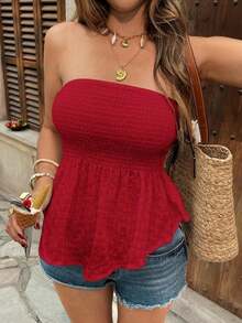 Strapless Solid-Color Bandeau Top With Ruffled Hem, Perfect For Vacation - Brown - View 5