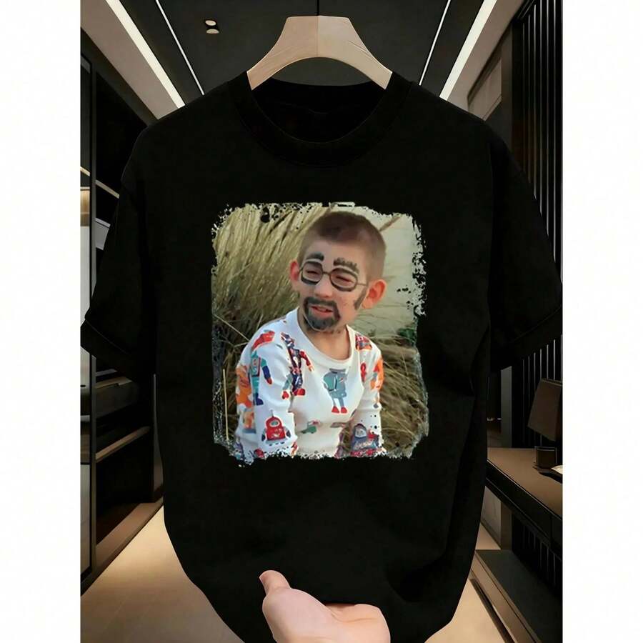 Unisex Short-Sleeved T-Shirt With Robot Print, Basic Loose Fit, Ideal For Everyday Wear - 黑色 - 查看 1