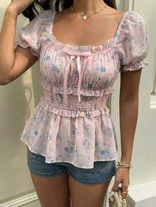 Blusa de mujer de gasa con estampado floral diminuto, con lazo en la cintura, decoración de moño, cuello cuadrado, mangas abullonadas, casual, para vacaciones, uso diario, fiesta, primavera/verano - Rosa Pálido - Ver 4